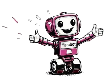 The Fismbot mascot — a cheerful pink robot giving a thumbs up