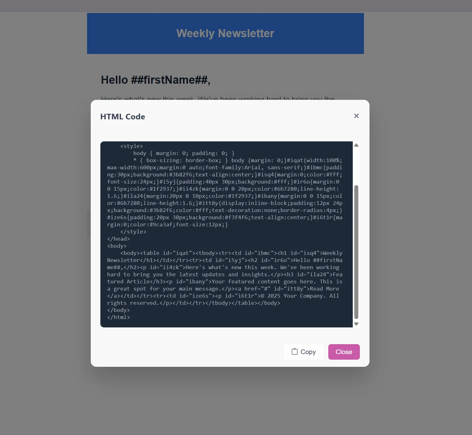 Template Builder HTML view
