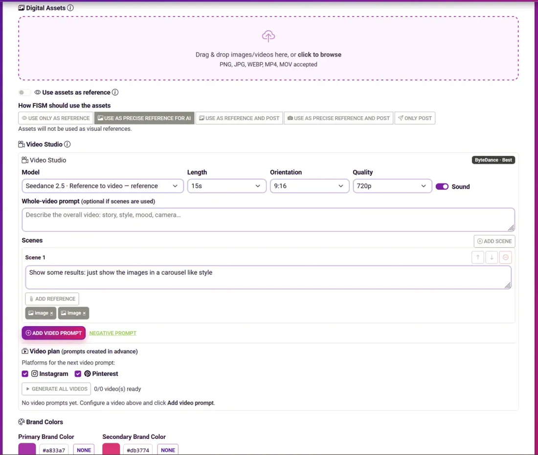 Post Pilot Video Studio with a scene prompt, references, brand colours and the video plan for Instagram and Pinterest.